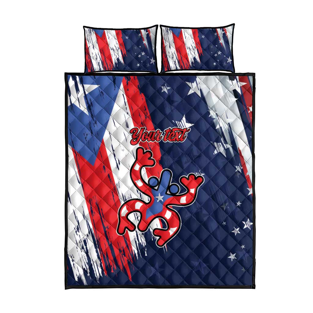 Quilt bed set with matching pillows; blue star pattern with red and white stripe design.