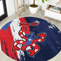 Personalized round area rug in blue with red and white Puerto Rico graphic