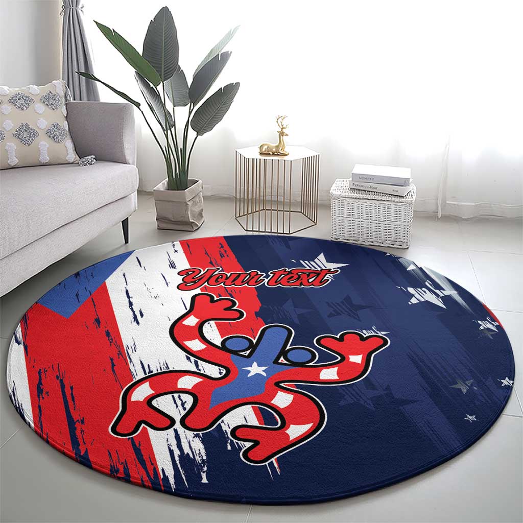 Personalized round area rug showing blue Puerto Rico map star graphic and text