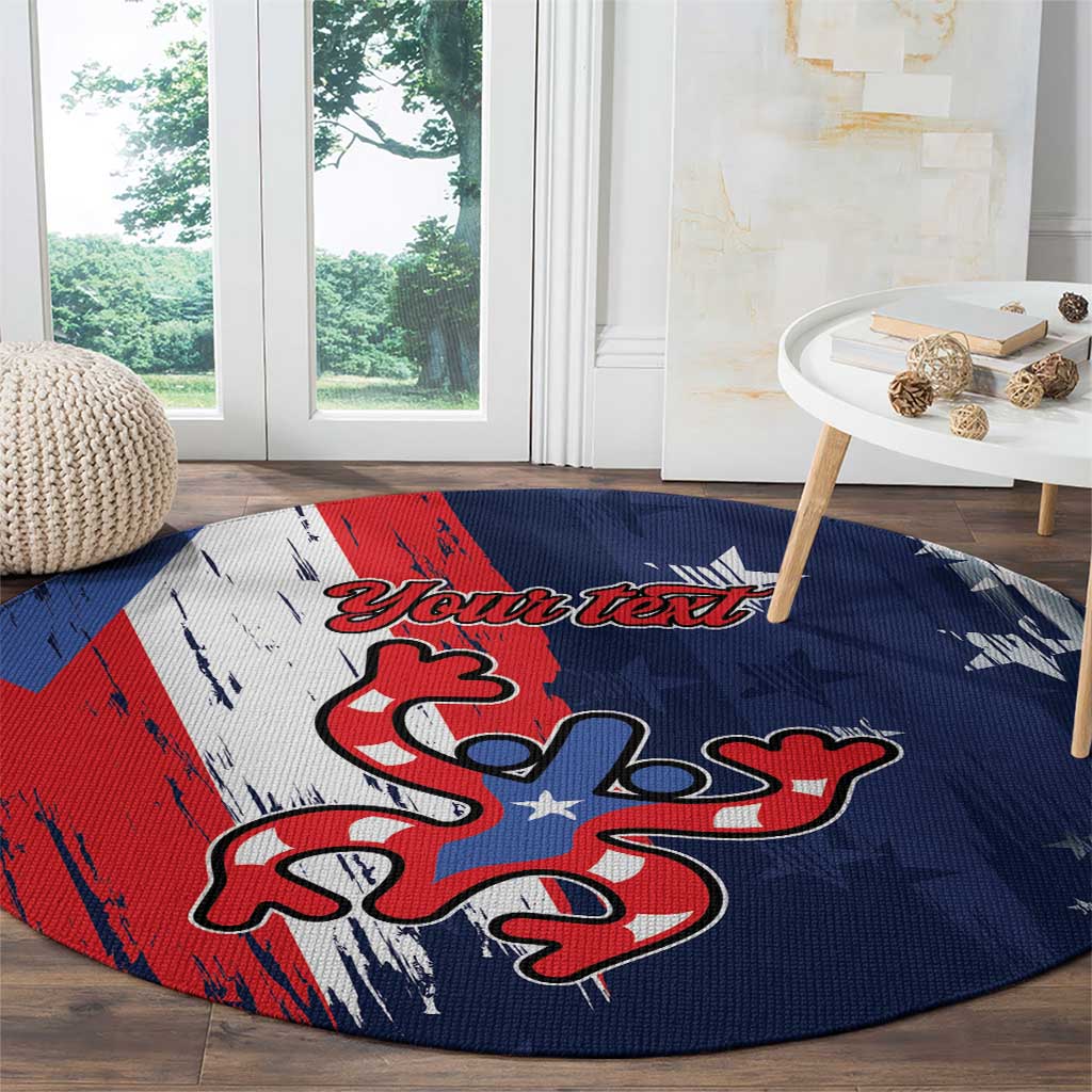 Personalized round area rug in blue with red, white, and Puerto Rico graphic
