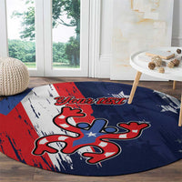 Personalized round area rug in blue with red, white, and Puerto Rico graphic