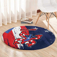 Personalized round area rug with blue background and red/white Puerto Rico graphic