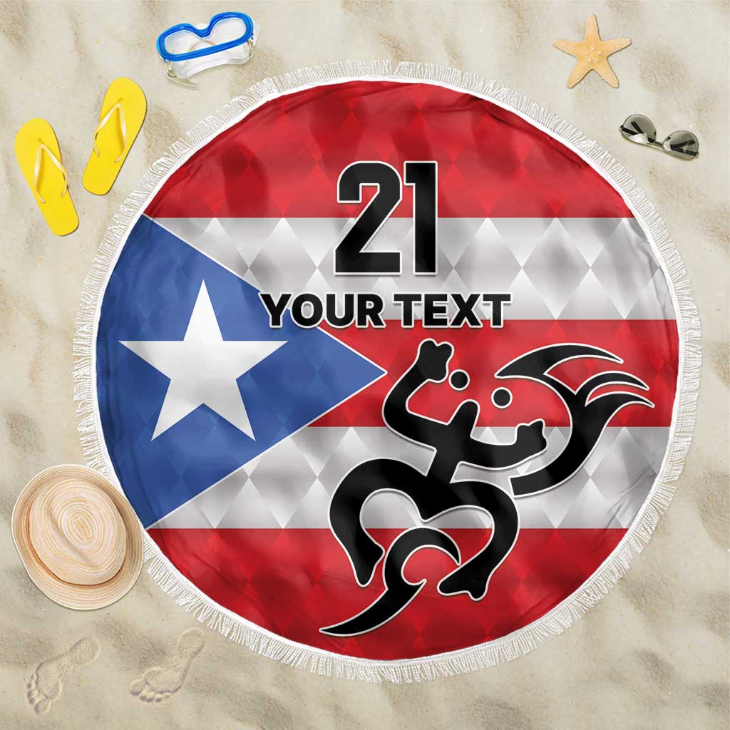 Puerto Rico football custom beach blanket with fringe, red/blue flag design and number 21