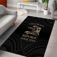 Black area rug with gold map/flag emblem and centered text, geometric edge pattern