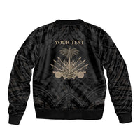 Black zip bomber jacket back with 'YOUR TEXT' and gold map-and-firework emblem