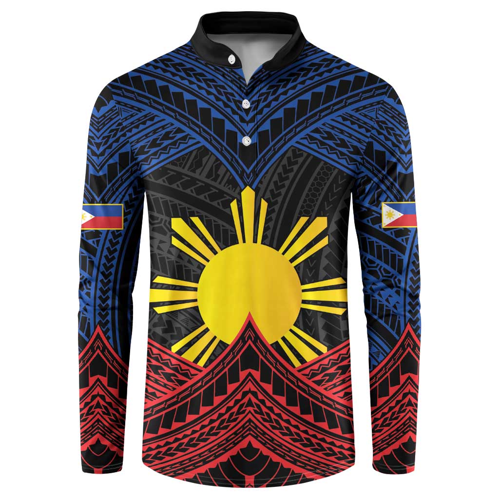 Black button sweatshirt with blue tribal pattern, yellow sun, red accents and flags