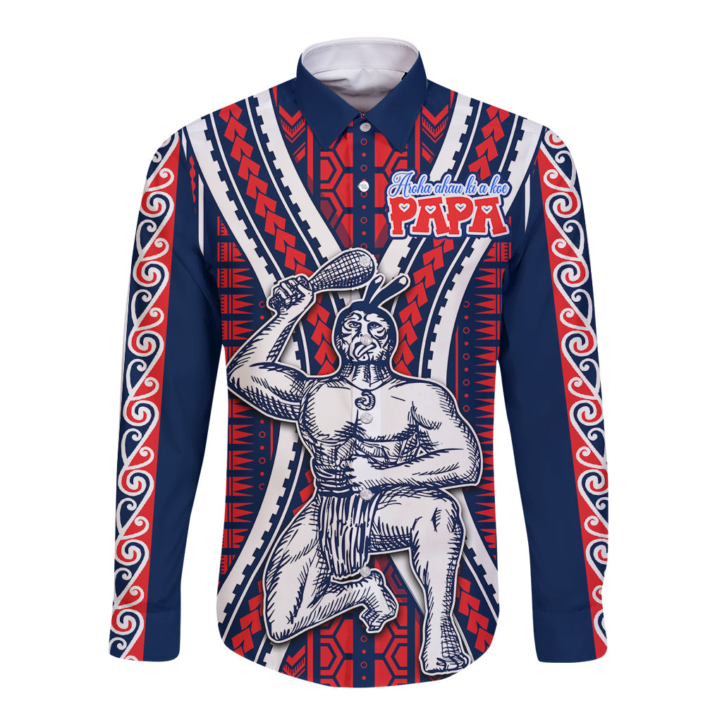 Unisex long-sleeve button shirt with red, navy, white tribal pattern and rabbit graphic