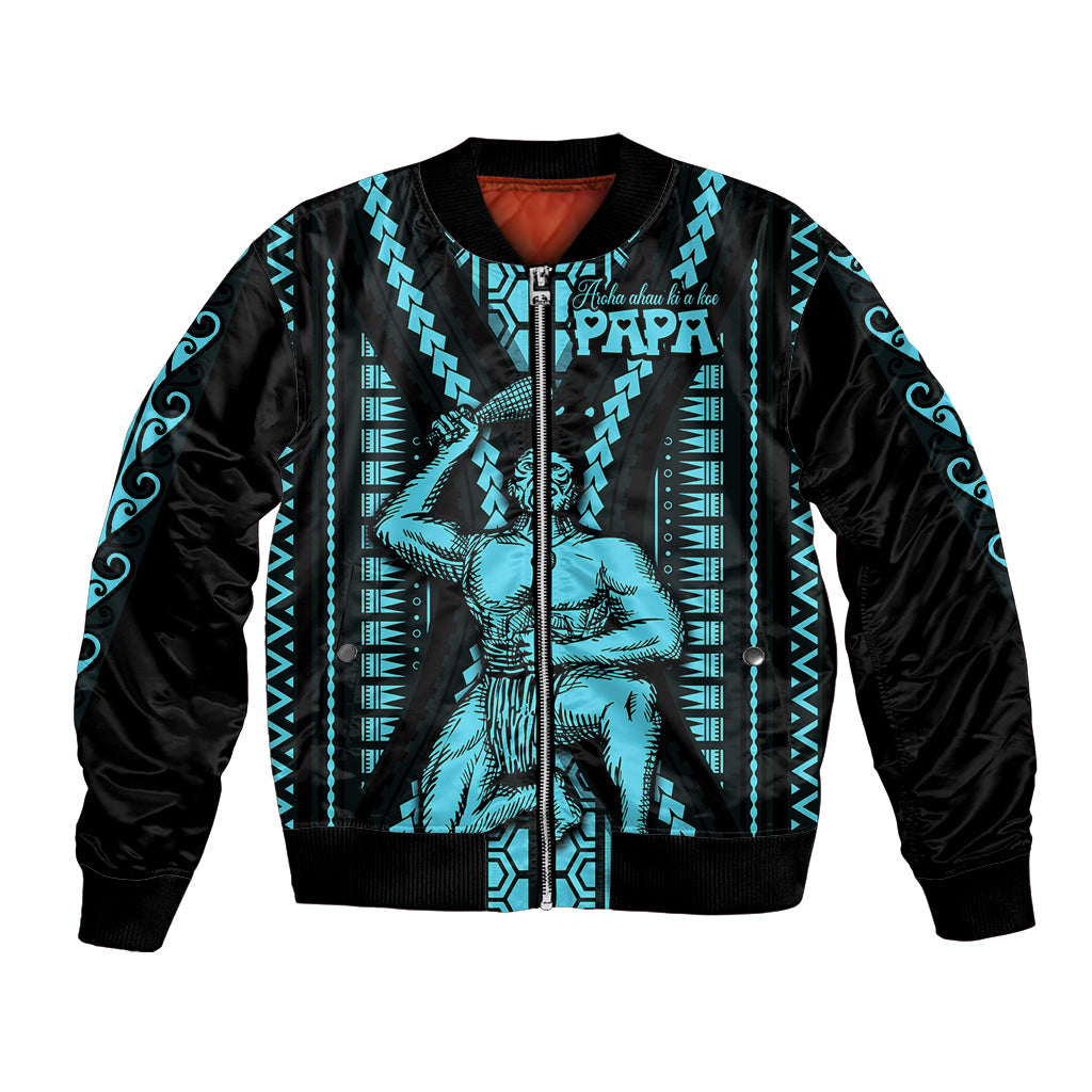 Unisex bomber jacket with black and aqua tribal pattern, ribbed collar and cuffs