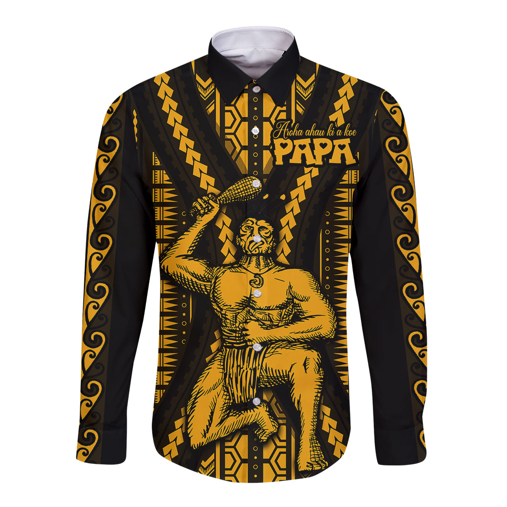 Gold and black long-sleeve button shirt with ornate tribal graphic on front