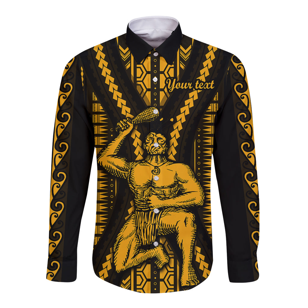Unisex long-sleeve button shirt with gold Maori-style print front, custom text area