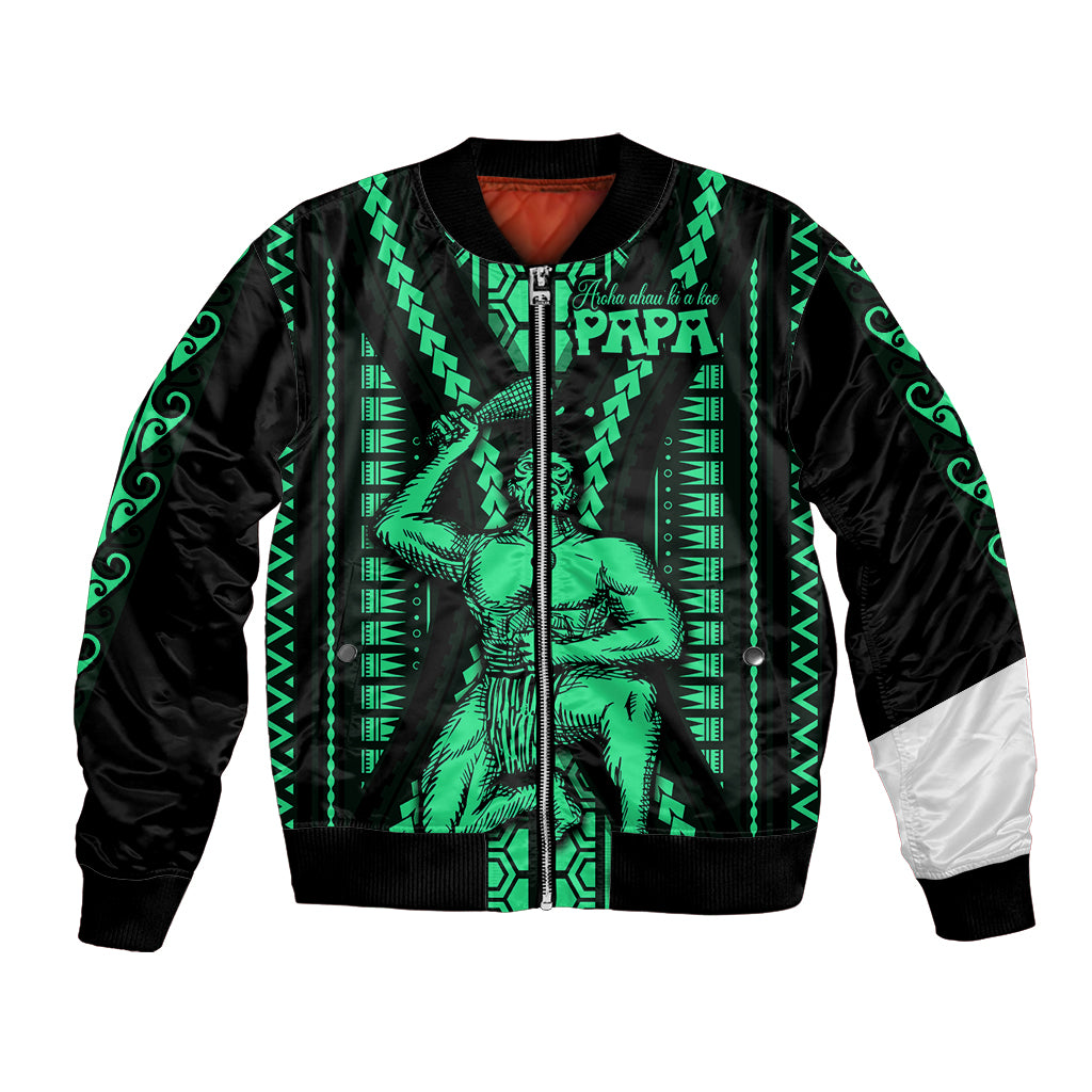 Green-and-black bomber jacket with bold tribal print, zip front, ribbed cuffs and hem