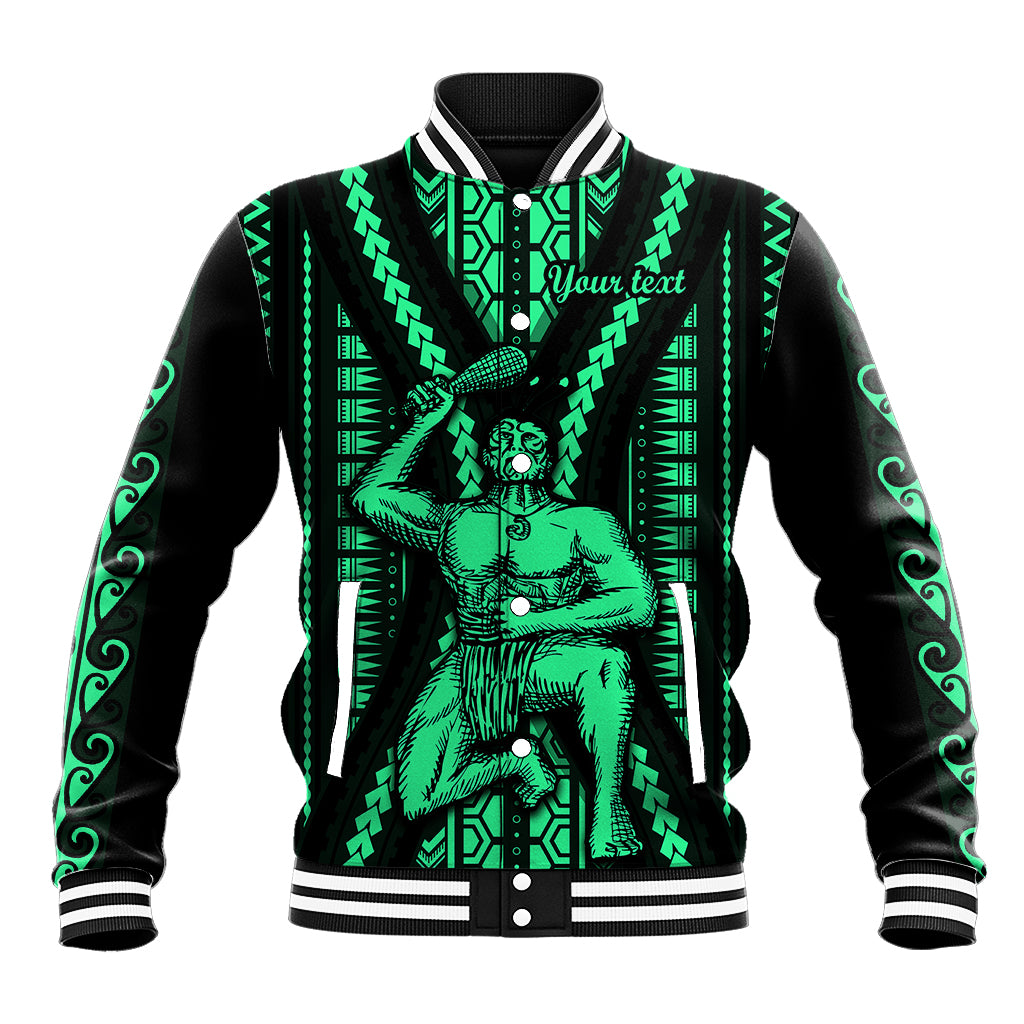 Black baseball jacket with green tribal print, ribbed collar and cuffs, snap front.