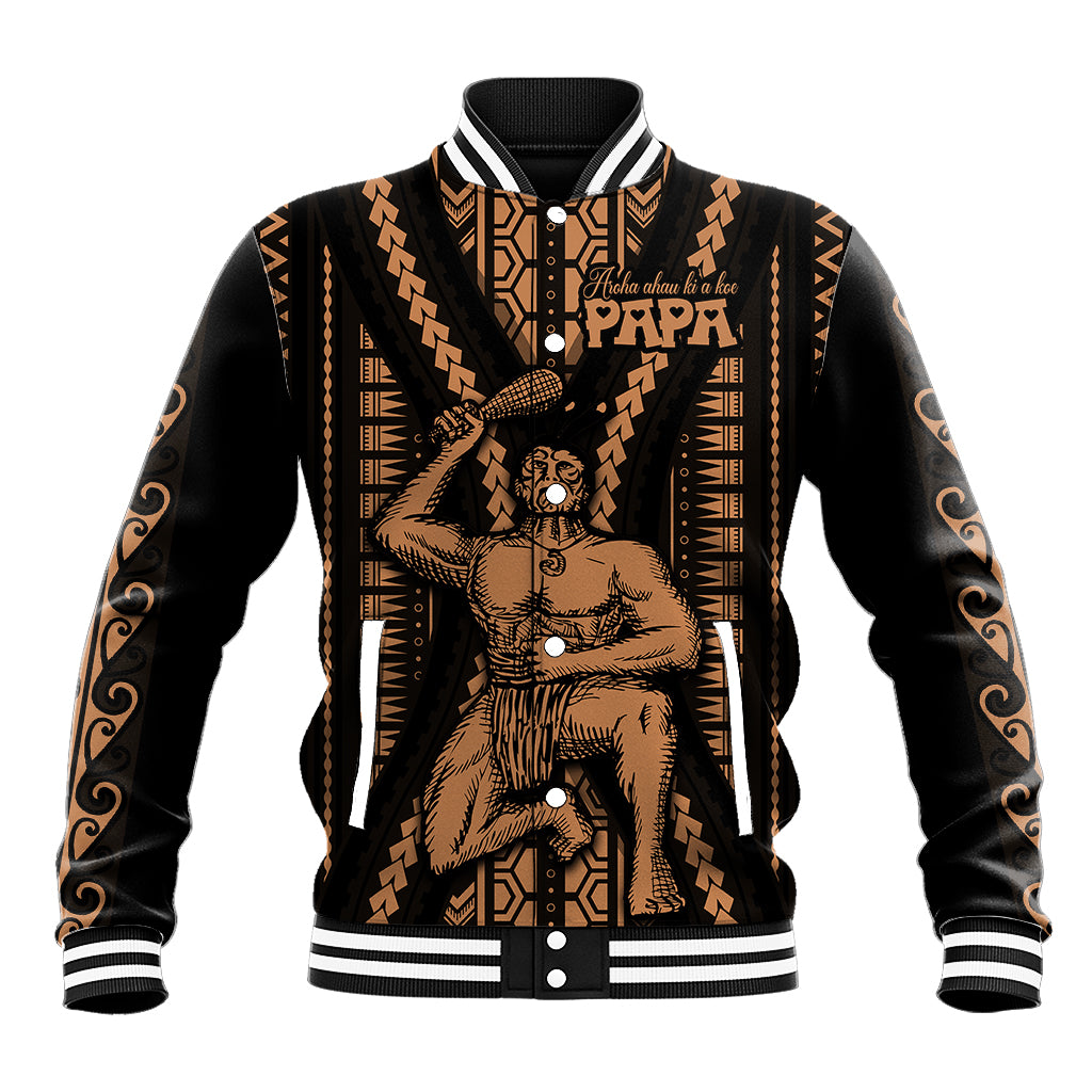 Black baseball jacket with tan tribal graphic, striped ribbed cuffs