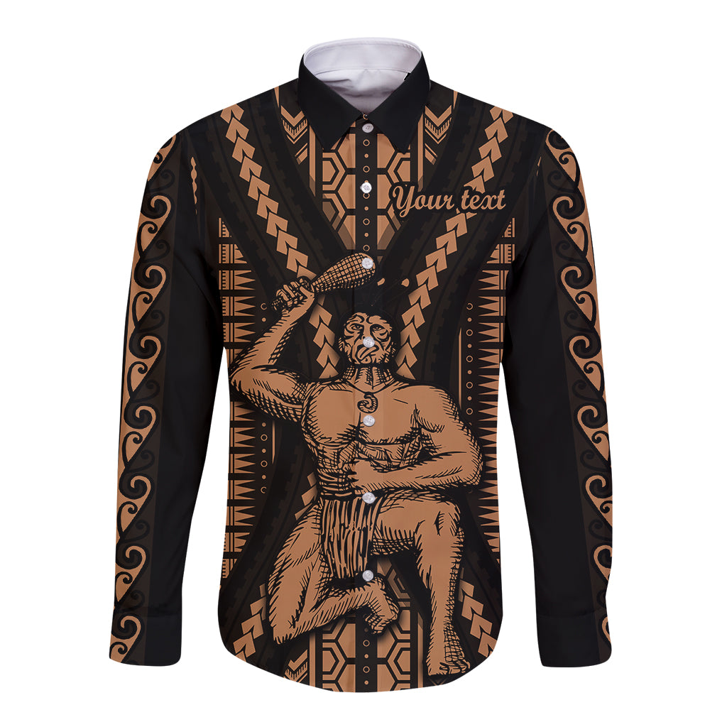 Long sleeve button shirt, black with tan Maori-style graphic and tribal border sleeves