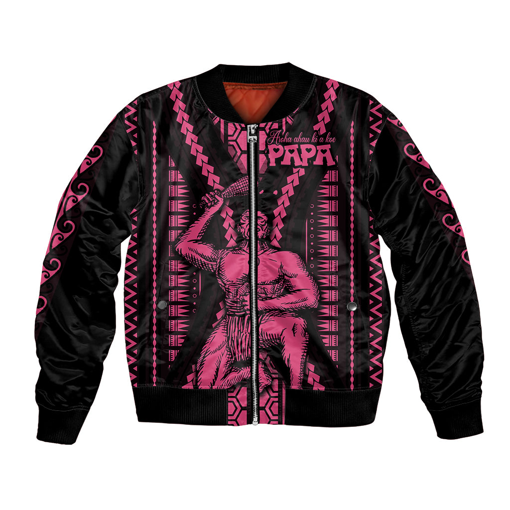 Unisex bomber jacket, black with bright pink tribal graphic and front zipper