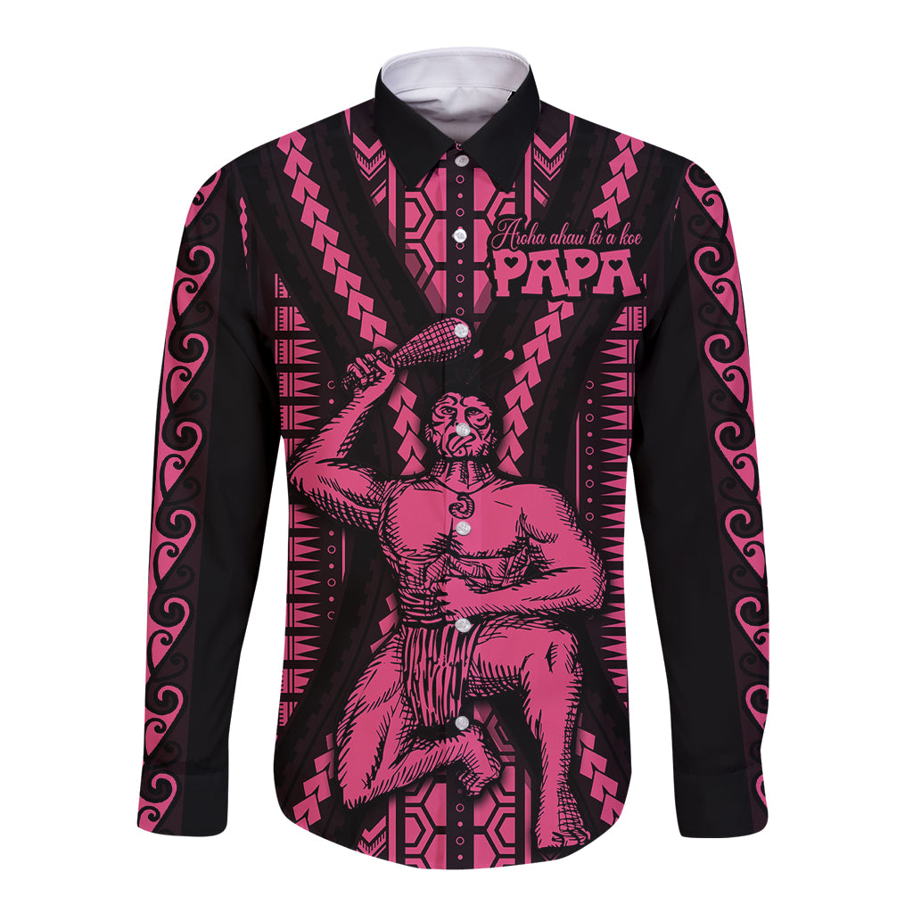 Pink and black long-sleeve button shirt with Maori-style tribal print and collar