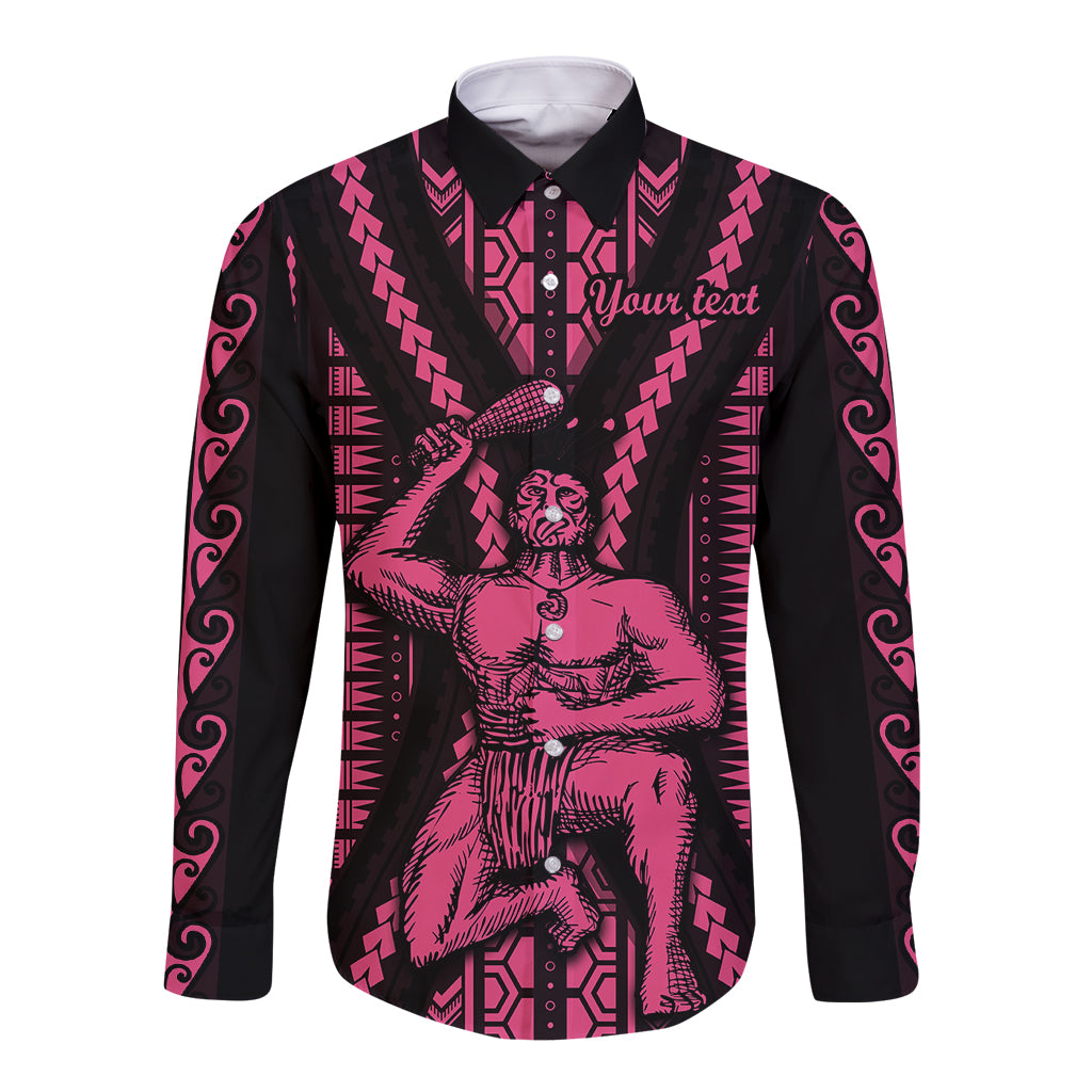 Long sleeve button shirt, black with bright pink tribal print and chest text