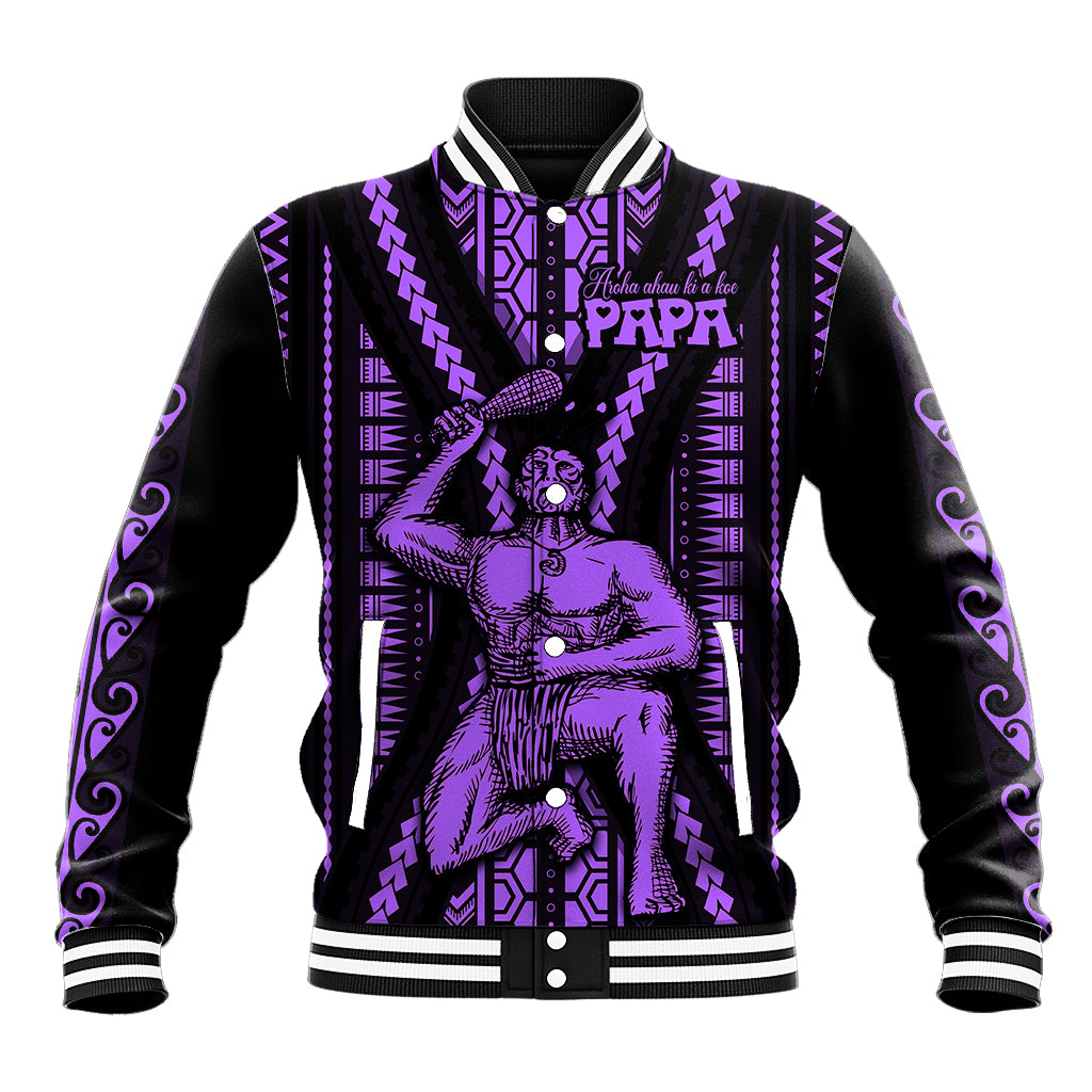 Purple and black baseball jacket with ribbed collar, striped cuffs, and Maori-style graphic