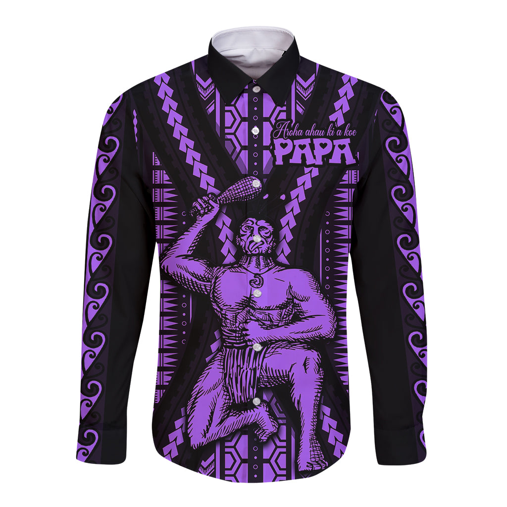 Long-sleeve button shirt, black with purple tribal front print and patterned sleeves