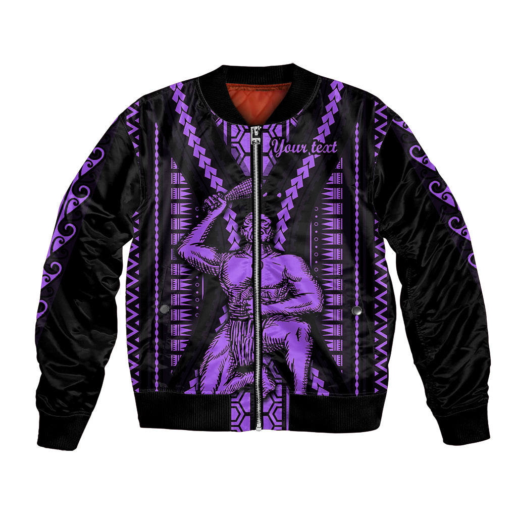 Unisex purple-and-black bomber jacket with front zipper and bold tribal graphic