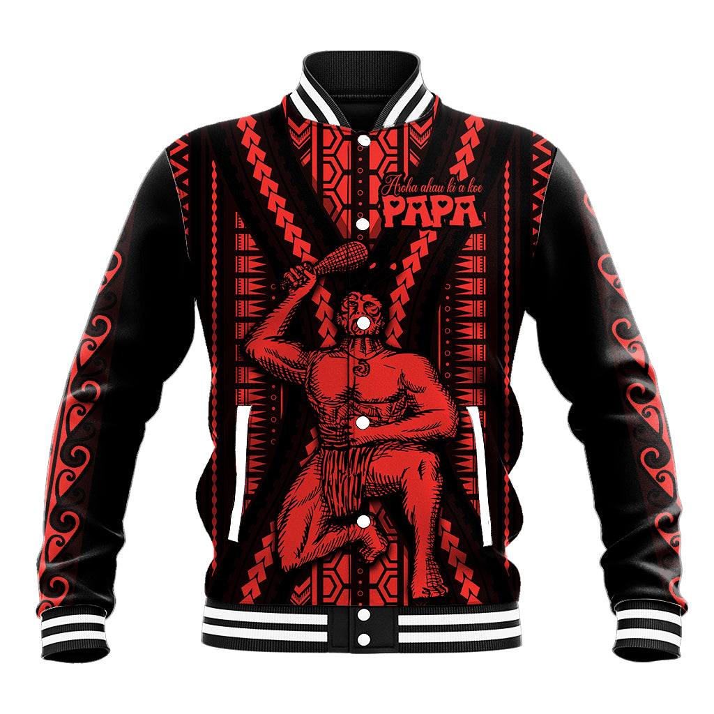 Red and black baseball jacket with embroidered Maori-style tribal pattern and snap front