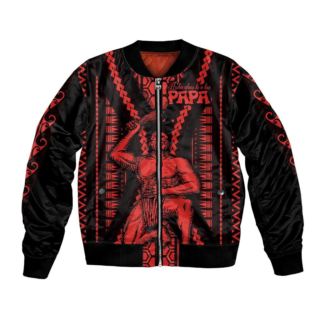 Unisex bomber jacket in black with red tribal print, ribbed collar and front zipper.