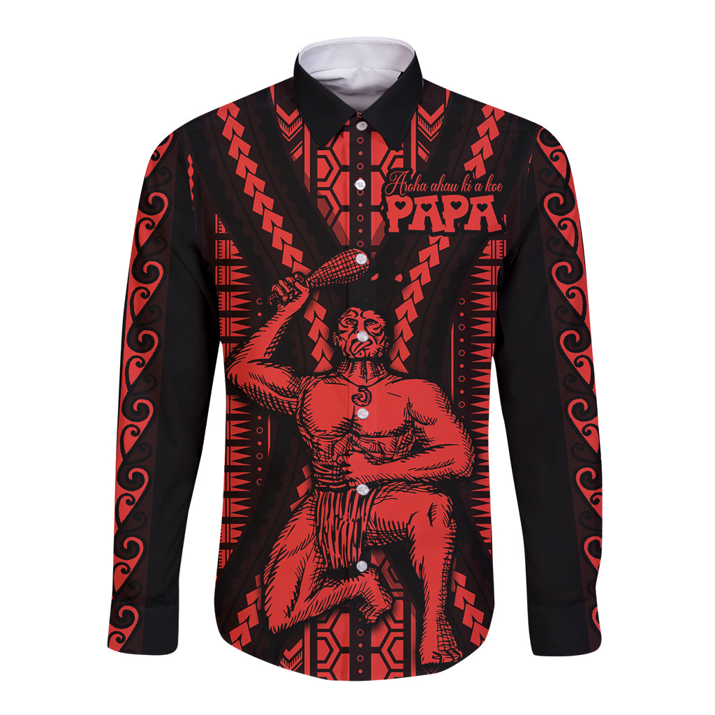 Black long-sleeve button-up shirt with red tribal warrior print and pattern accents