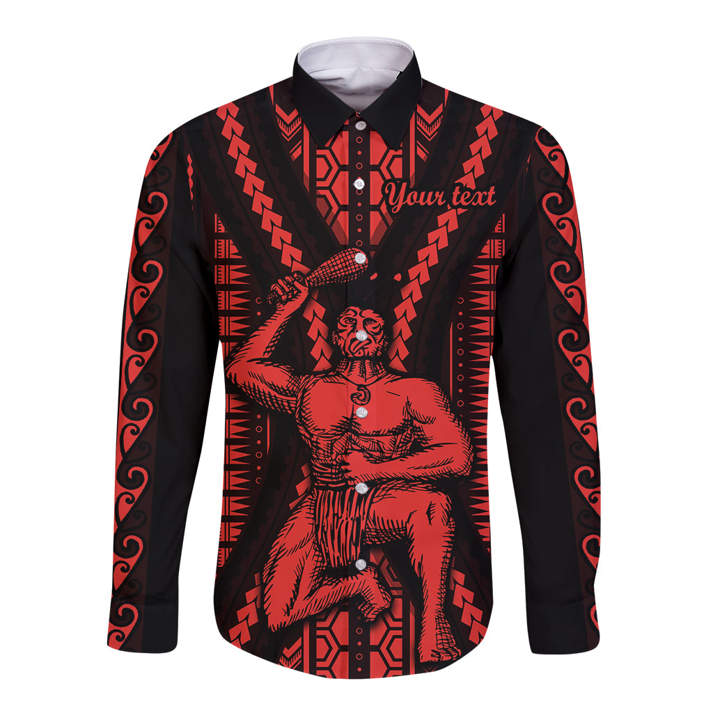 Long sleeve button shirt, black with red Maori pattern and front graphic