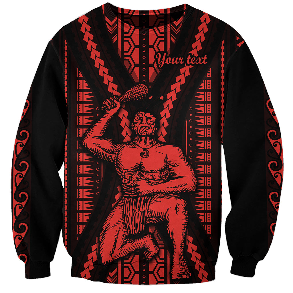 Unisex sweatshirt, black with red Maori-style panel print and standing figure