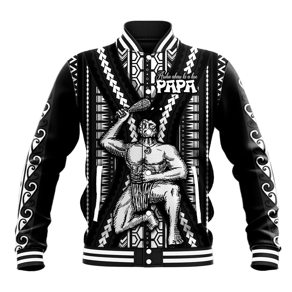 Black baseball jacket with ribbed collar, striped cuffs, and bold tribal graphic front