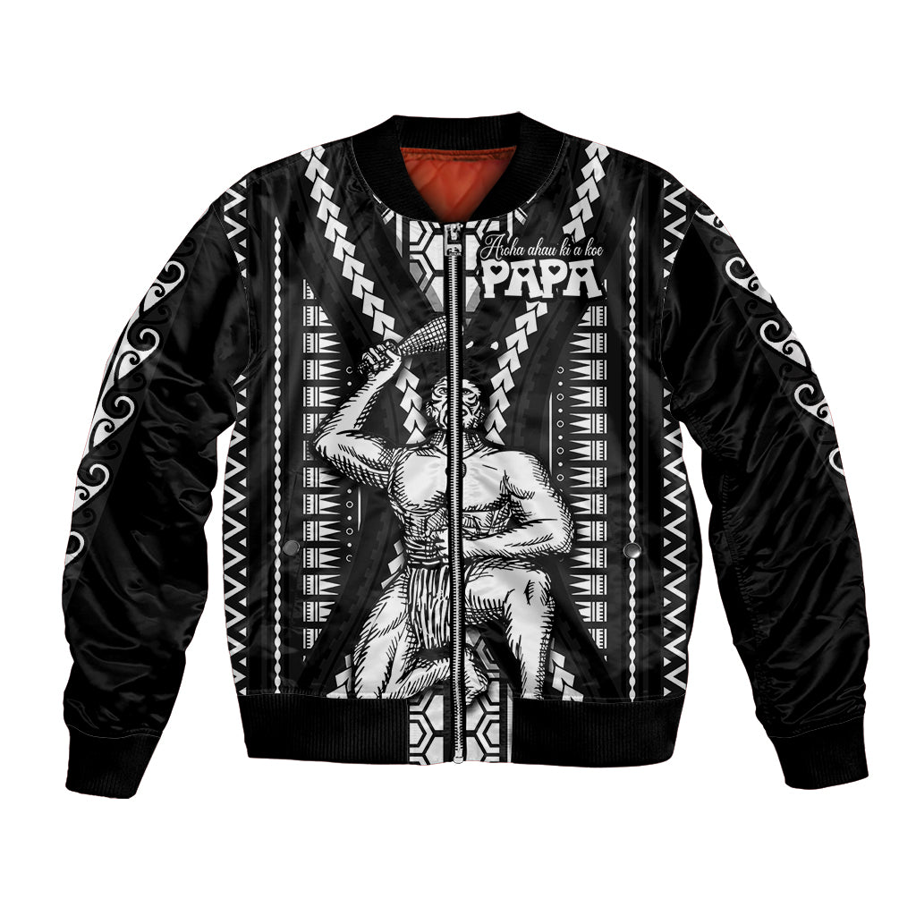 Black bomber jacket with zip front and tribal graphic print, ribbed cuffs and hem