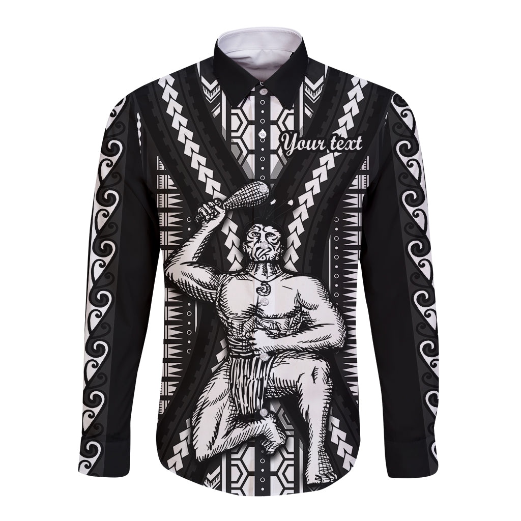 Black long-sleeve button shirt with bold tribal print and central figure graphic