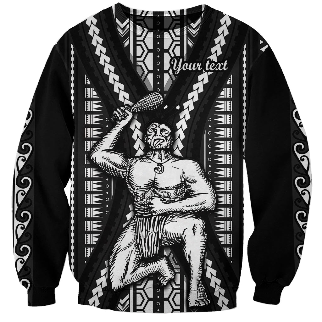 Black crewneck sweatshirt with bold Maori-style pattern and warrior figure graphic, long sleeves