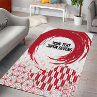 Red and white Japanese-themed area rug with 'YOUR TENTH JAPAN SEVENS' center print