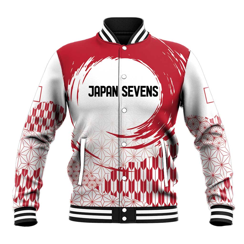 Unisex red and white varsity baseball jacket with ribbed collar, snap buttons, Rising Sun print