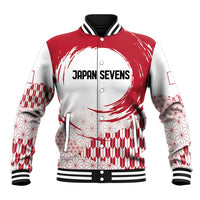 Unisex red and white varsity baseball jacket with ribbed collar, snap buttons, Rising Sun print