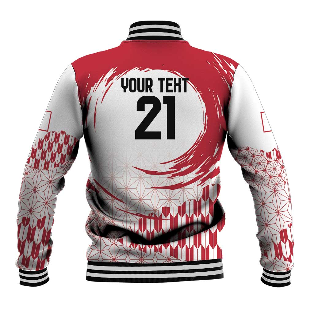 Unisex red and white varsity baseball jacket, ribbed cuffs and hem, back Rising Sun graphic