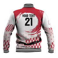 Unisex red and white varsity baseball jacket, ribbed cuffs and hem, back Rising Sun graphic