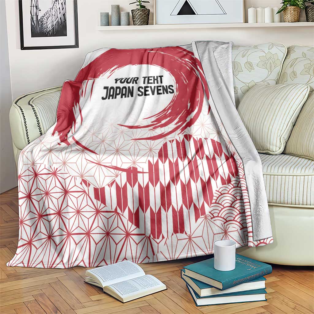 Red and white blanket draped, featuring “YOUR TEXT JAPAN SEVENS” and wave accents