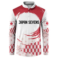 Red and white long-sleeve button sweatshirt with Japan Sevens chest graphic and flag sleeves