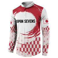 Red and white button sweatshirt with Japan Sevens chest logo and flag sleeve prints