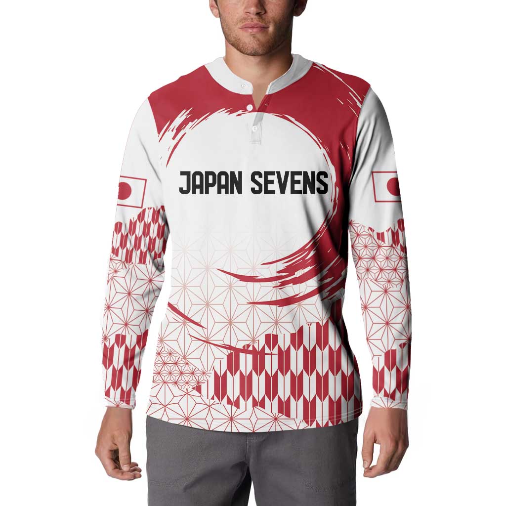 Red and white long-sleeve button sweatshirt with Japan Sevens chest logo, worn on model