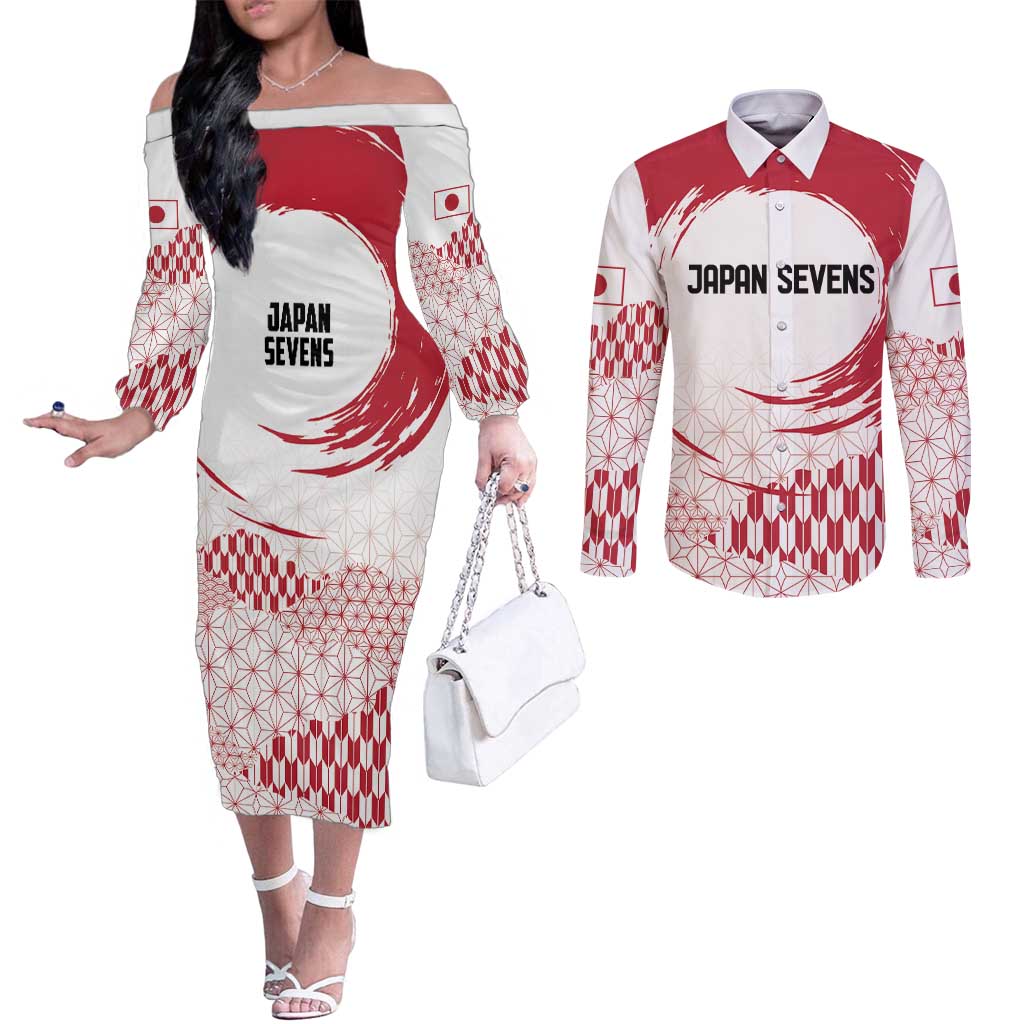 Custom Japan Sevens Couples Matching Off The Shoulder Long Sleeve Dress and Long Sleeve Button Shirt Japanese Rising Sun with Hemp Leaf Pattern