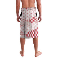 White and red patterned lavalava sarong, back view with geometric and sun graphics
