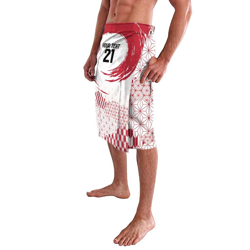 White and red patterned lavalava sarong, side view with sun graphic and geometric print