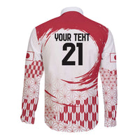 White long-sleeve button shirt with red back print, rising sun circle and geometric sleeves