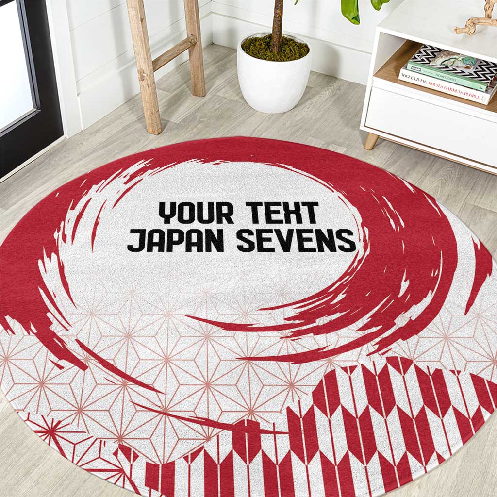 Round red and white Japanese sevens carpet with custom center text and wave pattern