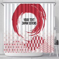 White shower curtain, red rising sun and hemp leaf pattern with custom text panel