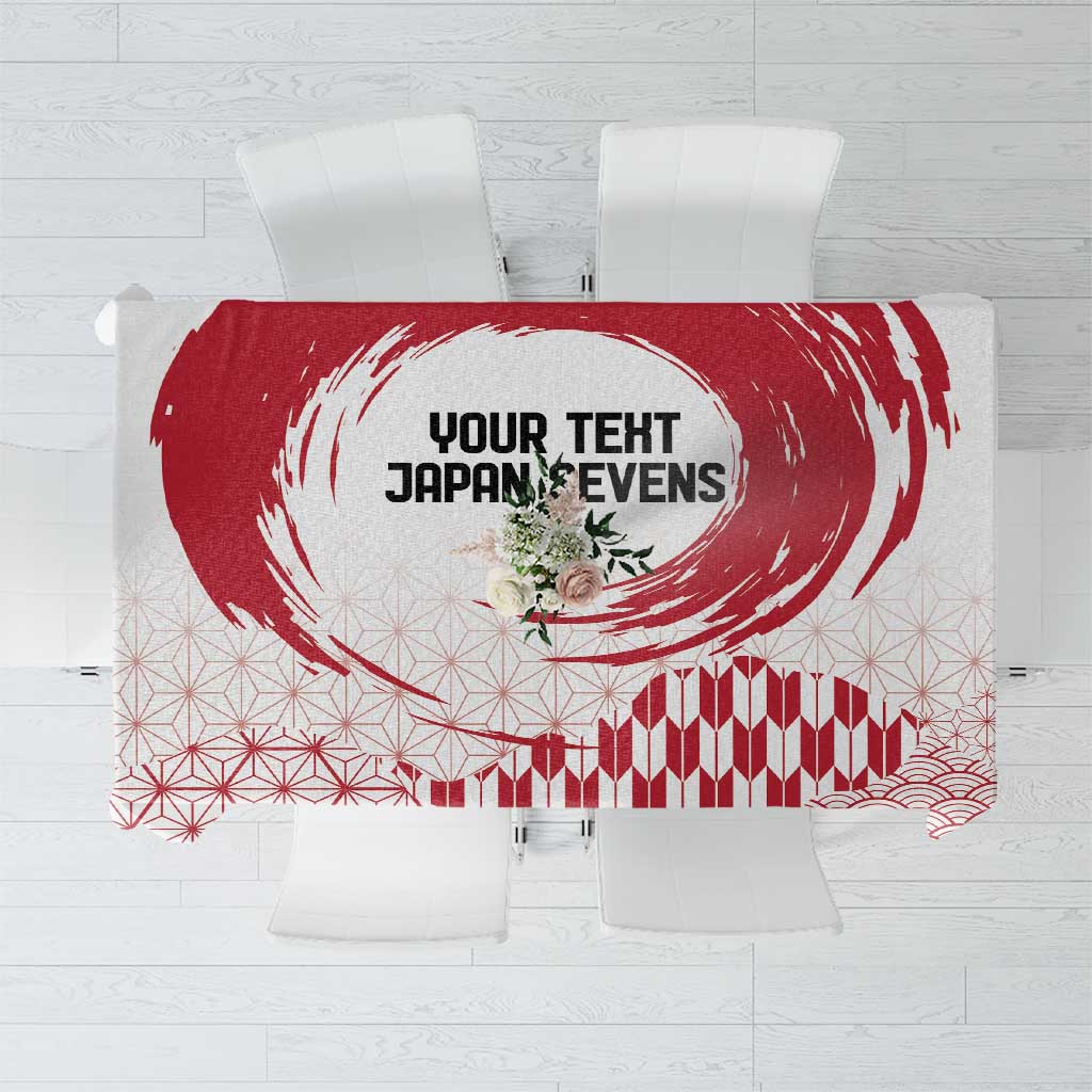 Red and white tablecloth with circular brushstroke design and printed 'YOUR TEXT JAPAN SEVENS'