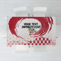 Red and white tablecloth with circular brushstroke design and printed 'YOUR TEXT JAPAN SEVENS'